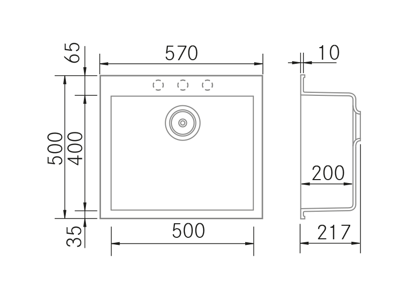 Fregaderos de cocina de diseño - Kera 570 SE - Plano técnico
