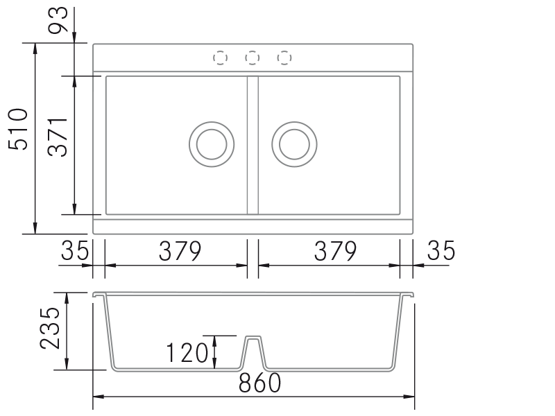 Fregaderos de cocina de diseño - Kinga 20 - Plano técnico
