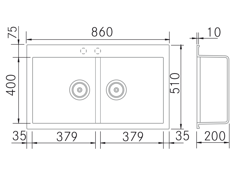 Fregaderos de cocina de diseño - Quadra SE Doble - Plano técnico