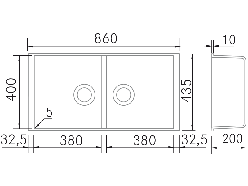 Fregaderos de cocina de diseño - Quadra BE Doble - Plano técnico