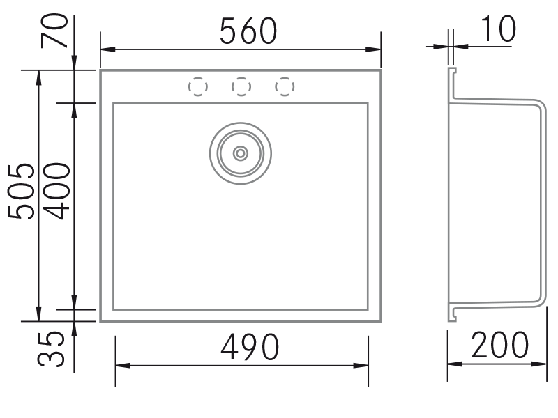 Fregaderos de cocina de diseño - Quadra SE 560 - Plano técnico