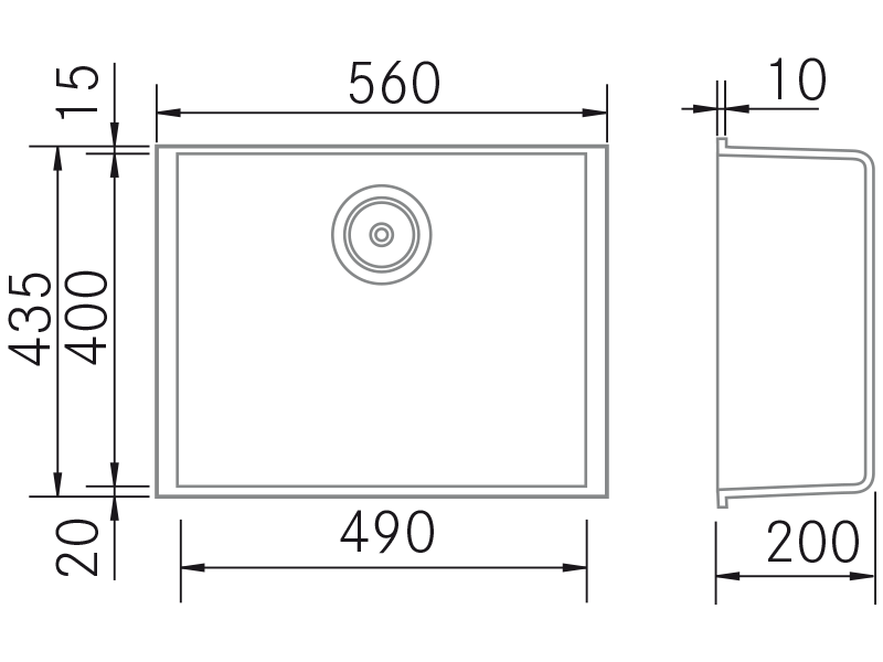 Fregaderos de cocina de diseño - Quadra BE 560 - Plano técnico
