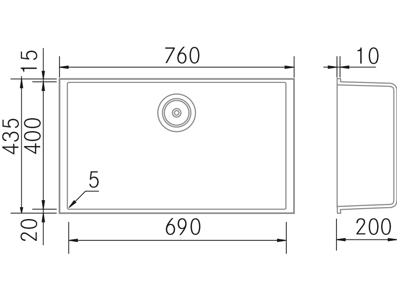 Fregaderos de cocina de diseño - Quadra BE 760 - Plano técnico