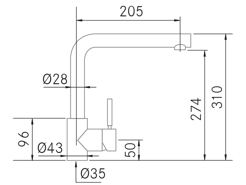 Grifos de cocina de diseño - Baffy - Plano técnico