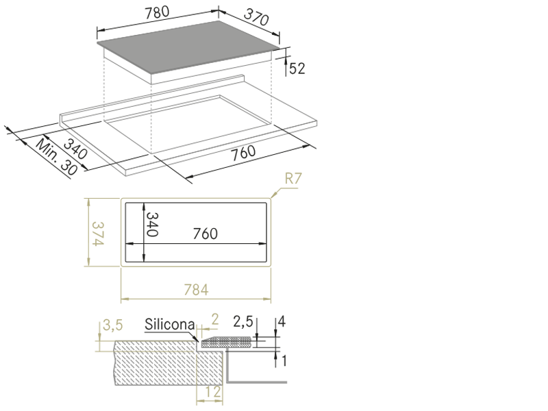 Placas de inducción de diseño - Vitro 783 Induction Slider II - Plano técnico