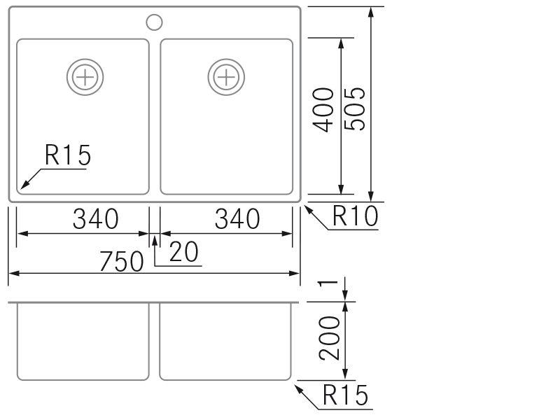 Fregaderos de cocina de diseño - BMR D34-34 - Plano técnico