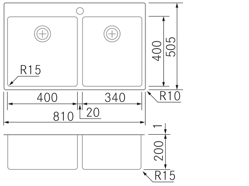 Fregaderos de cocina de diseño - BMR D40-34 - Plano técnico