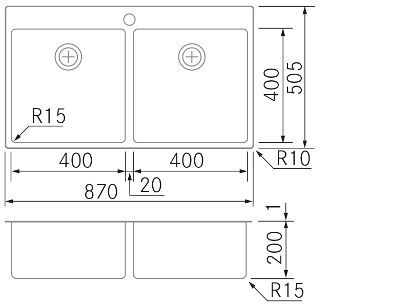 Fregaderos de cocina de diseño - BMR-D40-40 - Plano técnico