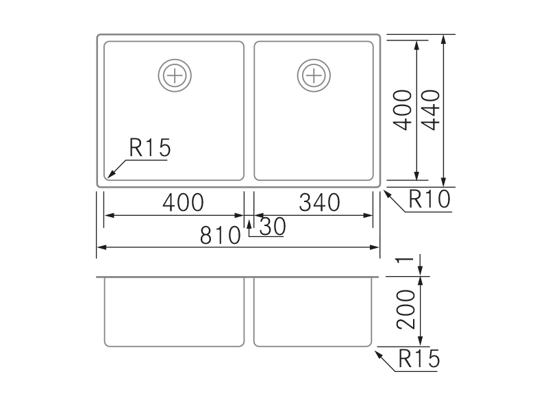 Fregaderos de cocina de diseño - BMR D-40-34 - Plano técnico