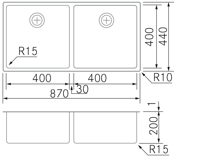 Fregaderos de cocina de diseño - BMR D-40-40 - Plano técnico