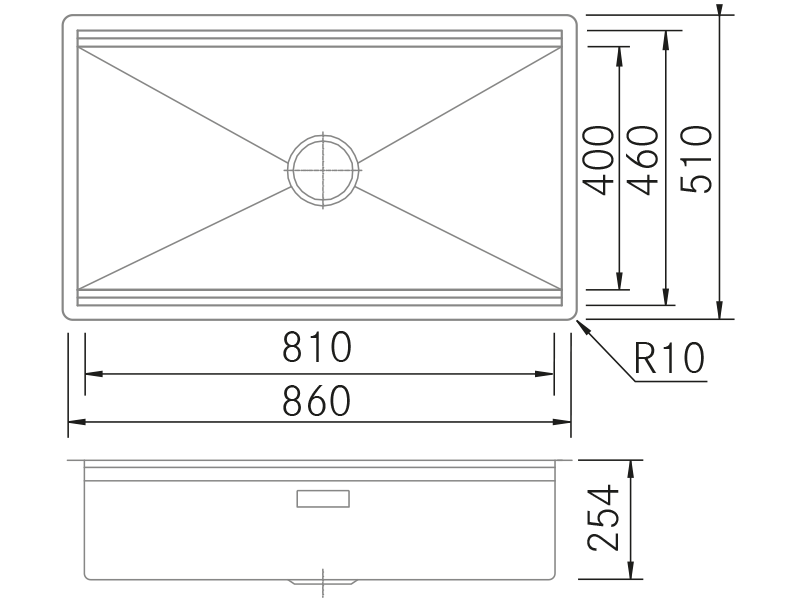 Fregaderos de cocina de diseño - Planum 81 EN-OE - Plano técnico
