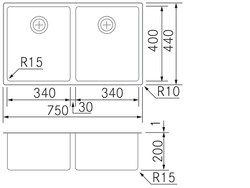 Fregaderos de cocina de diseño - R15 Doble - D34-34 - Plano técnico