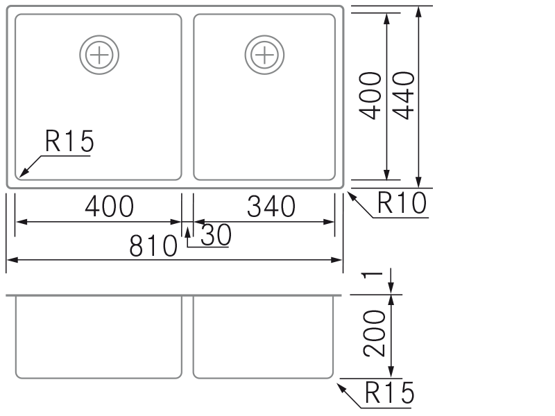 Fregaderos de cocina de diseño - R15 Doble - D40-34 - Plano técnico